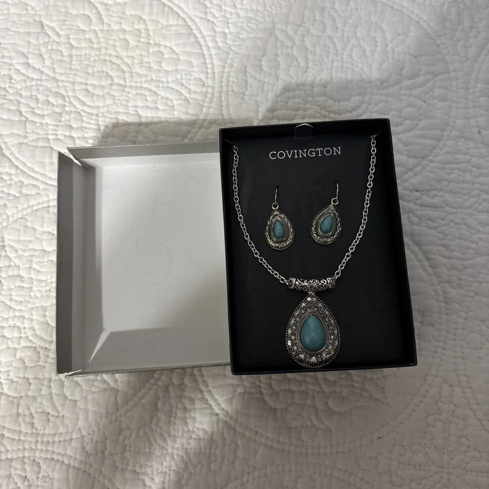 New ! Covington,‎ Silver And Turquoise Necklace And Earrings Set